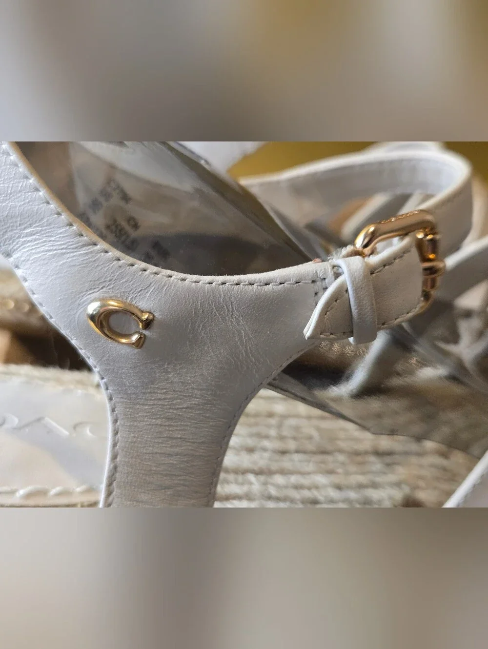 Coach White Leather Espadrille Sandals Gold Bead Trim Ankle Strap C2794 NWOT 9B